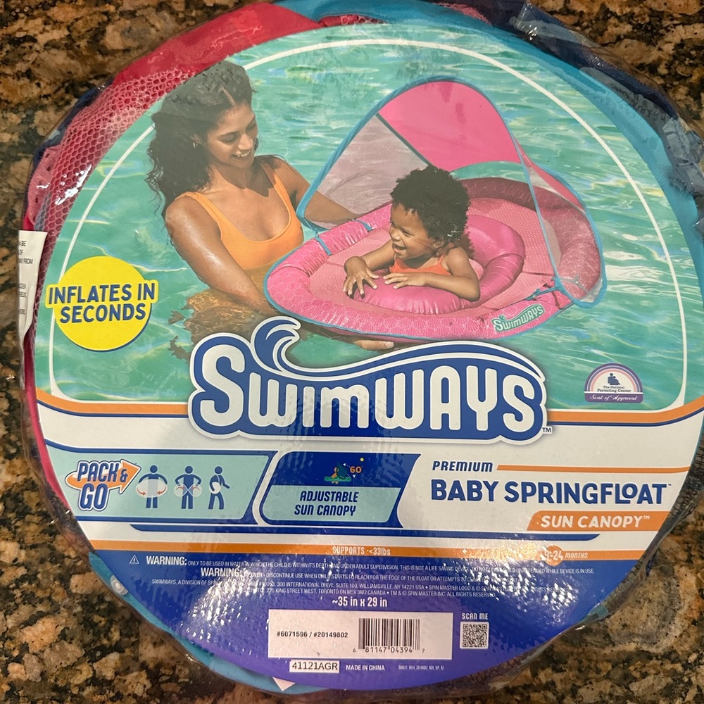 NEW swimWays Baby Float With Sun Canopy Sz 9-24 Months In Carry Bag
